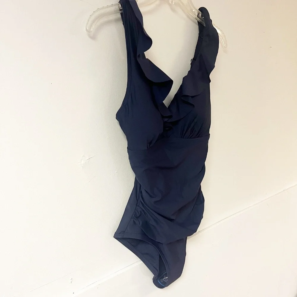 Dkny Blue Ruffled One Piece Swimsuit V Neck Adjustable Strap Size Small NWT - Picture 4 of 11